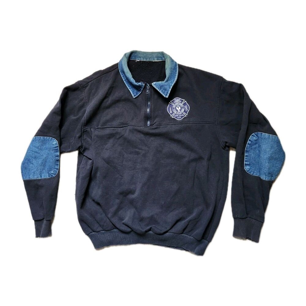 VTG Game Workwear Brownsburg Pullover Sweatshirt USA Denim Elbow Patch Sz XL GUC